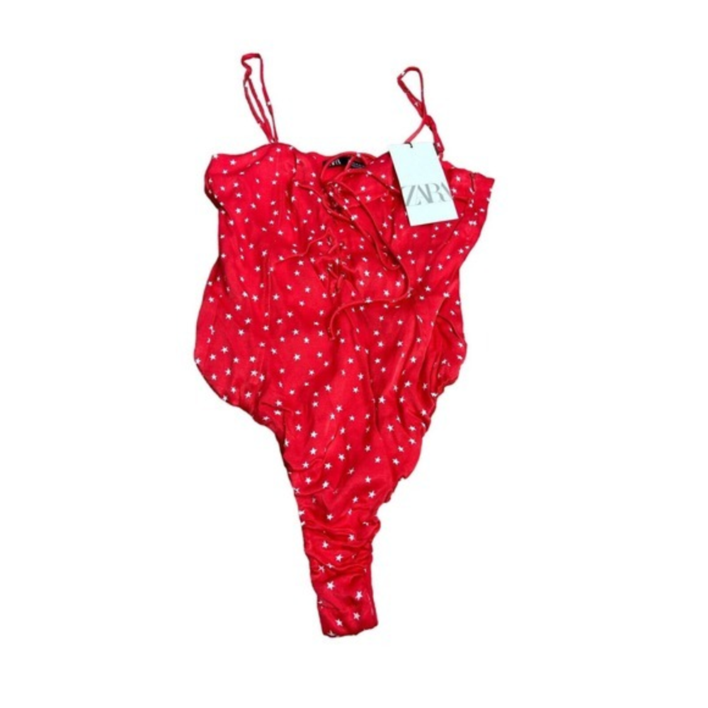 NWT Zara Red/White Satin Stars Bodysuit Size Small